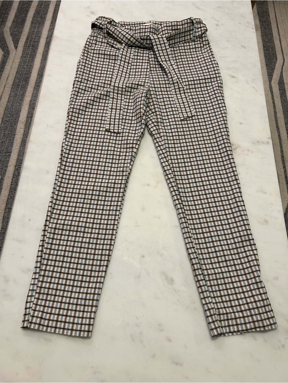 Multicolor plaid iBrown and White and baby blue with detachable belt